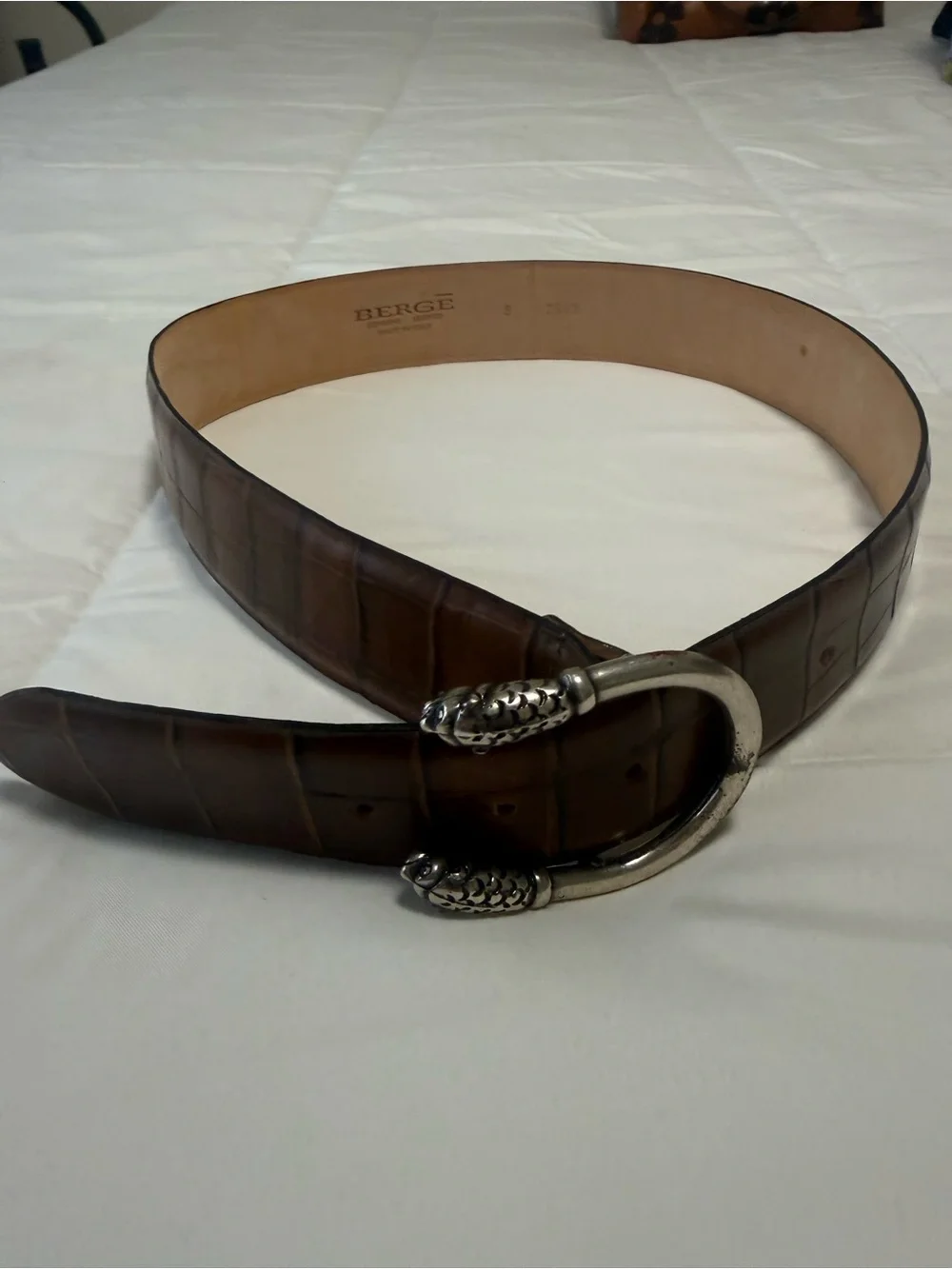 Bergé Brown Croc-Embossed genuine Leather Belt with Antique Silver Buckle. S